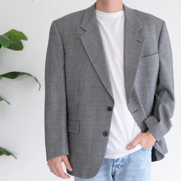 Savile Row 100% Wool Plaid Sport Jacket Blazer ~Grey/Black ~See Measurements Pic - Picture 1 of 16